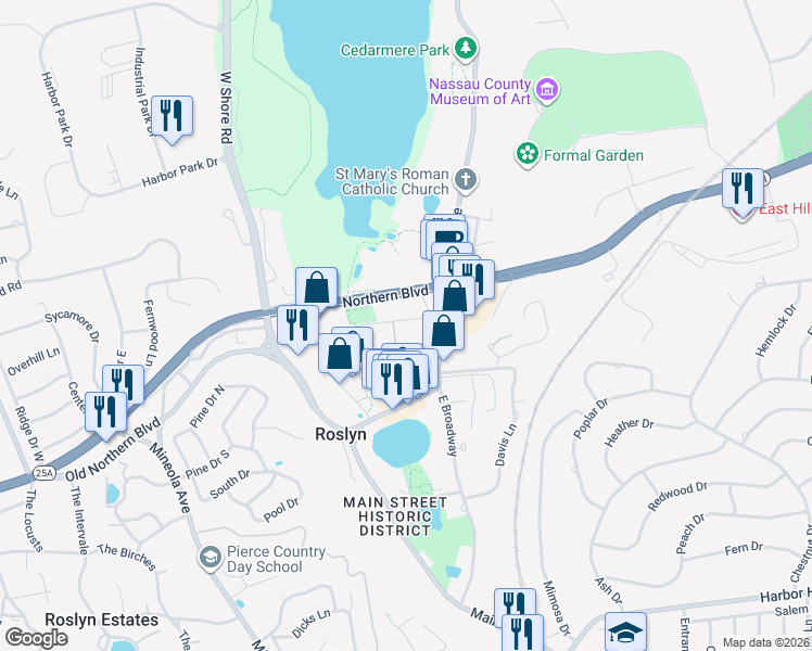 map of restaurants, bars, coffee shops, grocery stores, and more near 25 Skillman Street in Roslyn