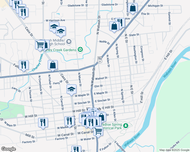 map of restaurants, bars, coffee shops, grocery stores, and more near 425 North Wabash Street in Wabash