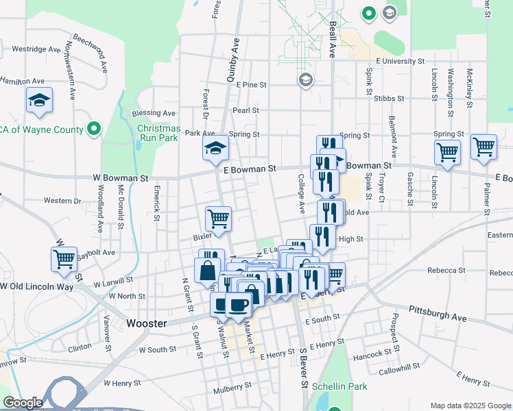 map of restaurants, bars, coffee shops, grocery stores, and more near 449 North Buckeye Street in Wooster
