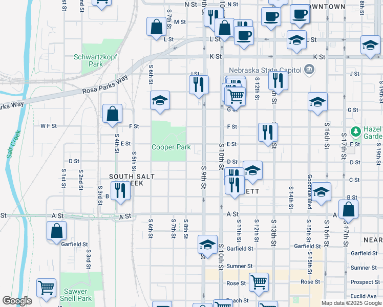 map of restaurants, bars, coffee shops, grocery stores, and more near 1026 S 8th St in Lincoln
