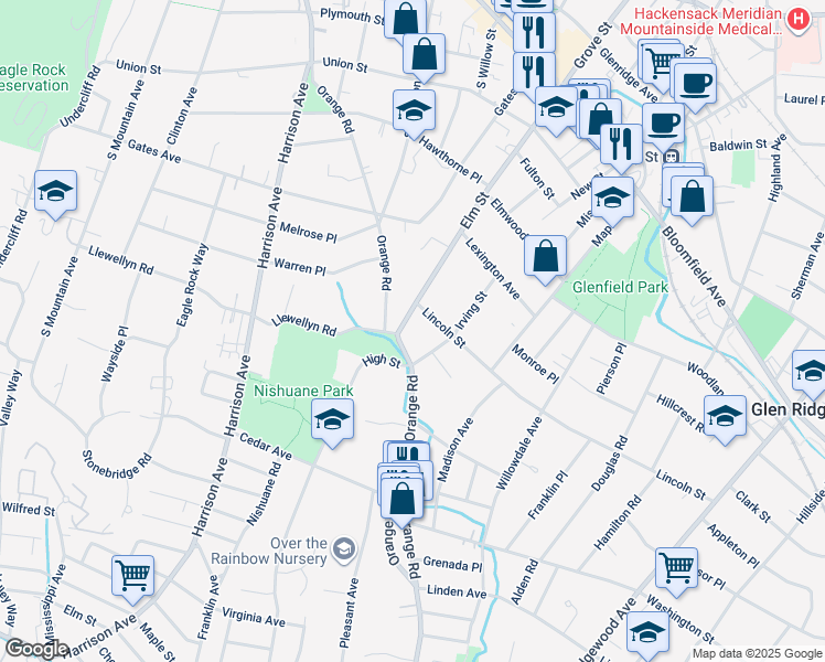 map of restaurants, bars, coffee shops, grocery stores, and more near 127 Elm Street in Montclair