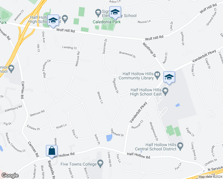 map of restaurants, bars, coffee shops, grocery stores, and more near 31 Highfield Drive in Dix Hills