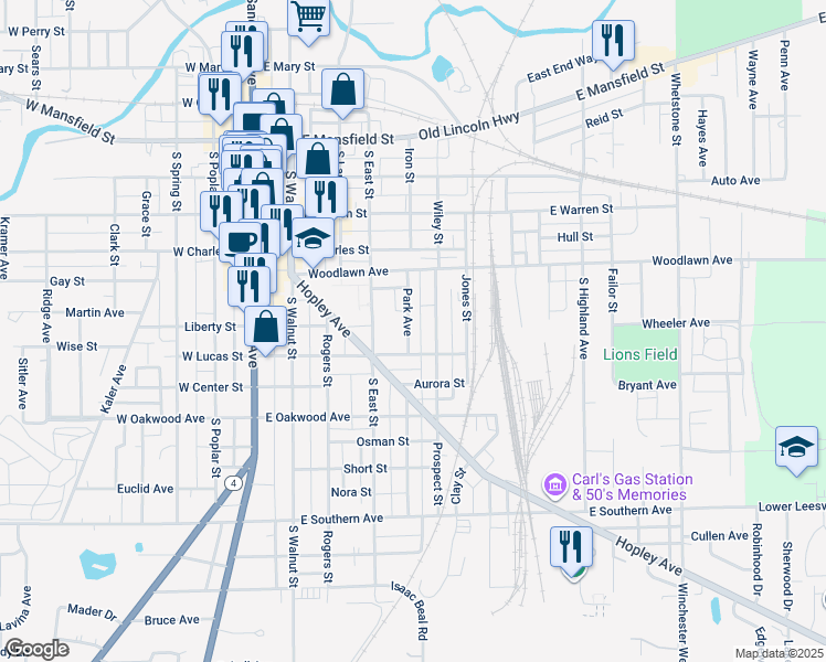 map of restaurants, bars, coffee shops, grocery stores, and more near 558 Park Avenue in Bucyrus