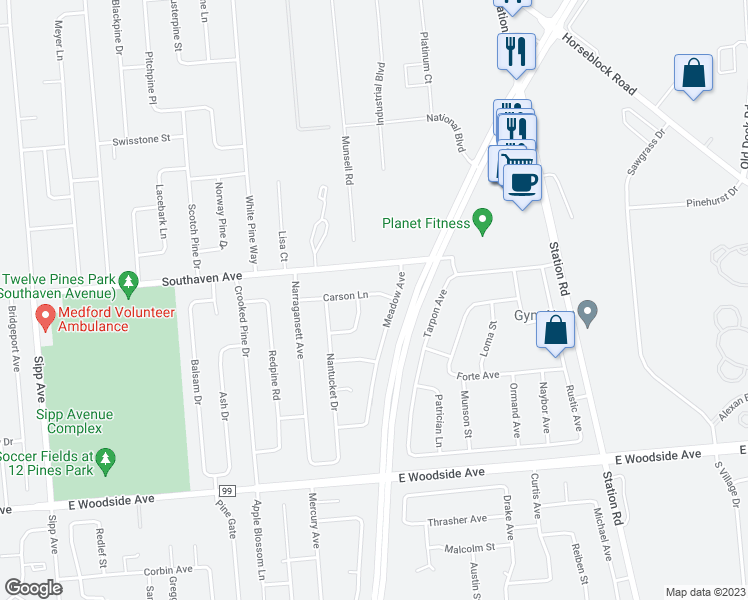 map of restaurants, bars, coffee shops, grocery stores, and more near 22 Carson Lane in Medford