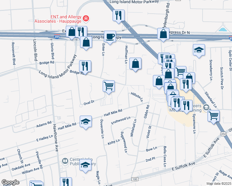 map of restaurants, bars, coffee shops, grocery stores, and more near 46 Hoffman Lane in Central Islip