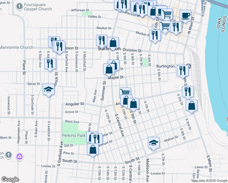 map of restaurants, bars, coffee shops, grocery stores, and more near 519 South 10th Street in Burlington