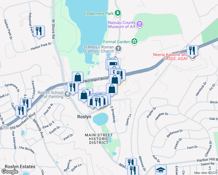 map of restaurants, bars, coffee shops, grocery stores, and more near 98 Skillman Street in Roslyn