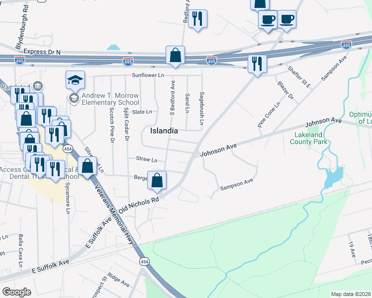 map of restaurants, bars, coffee shops, grocery stores, and more near 21 Halsey St in Islandia