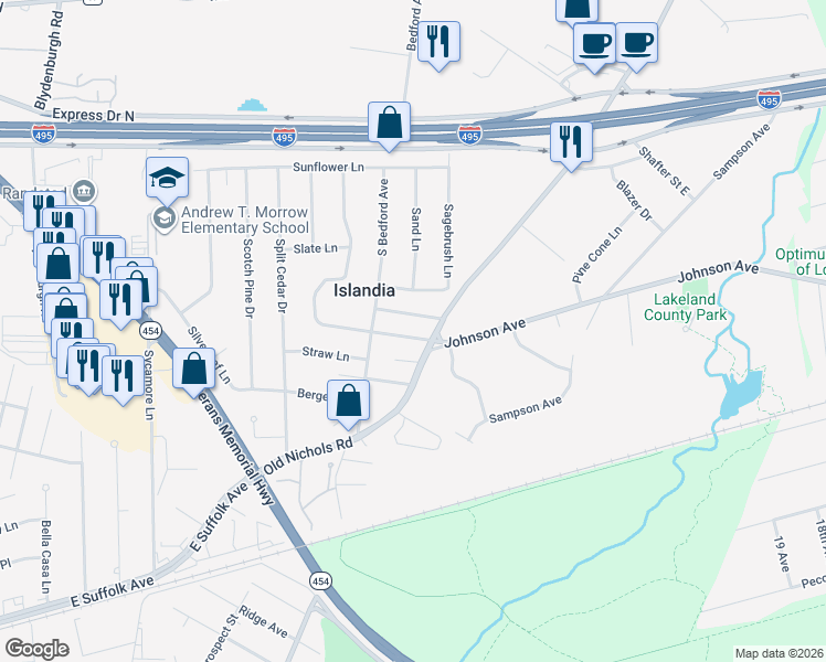map of restaurants, bars, coffee shops, grocery stores, and more near 21 Halsey Street in Islandia