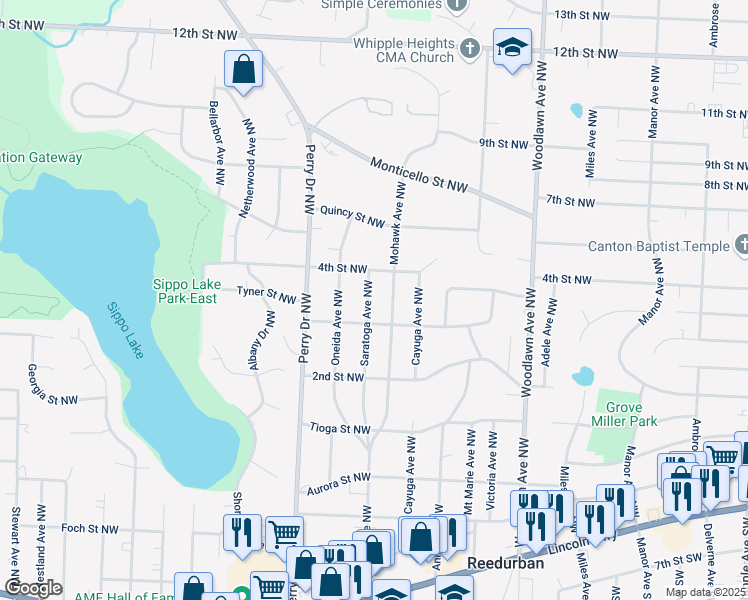 map of restaurants, bars, coffee shops, grocery stores, and more near 324 Saratoga Avenue Northwest in Canton