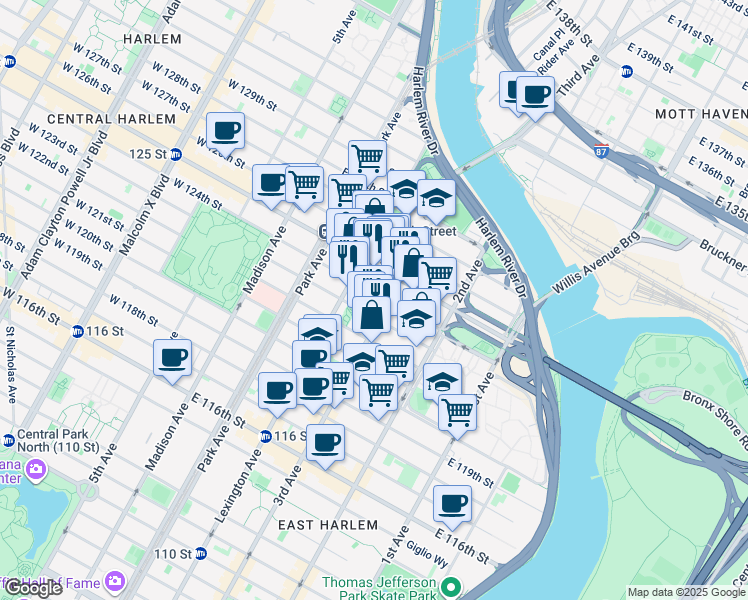 map of restaurants, bars, coffee shops, grocery stores, and more near 193 East 124th Street in New York
