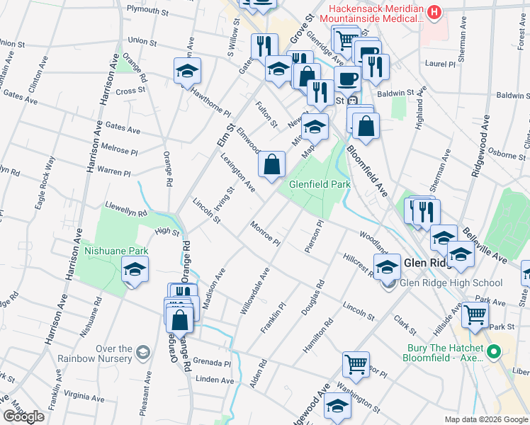 map of restaurants, bars, coffee shops, grocery stores, and more near 115 Maple Avenue in Montclair