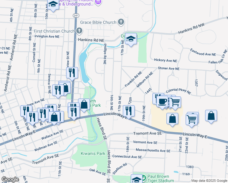 map of restaurants, bars, coffee shops, grocery stores, and more near 452 16th Street Northeast in Massillon