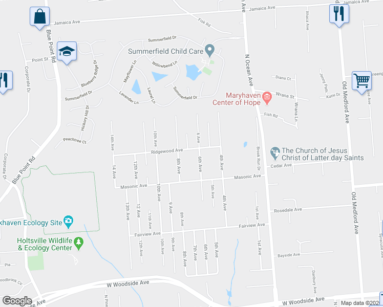 map of restaurants, bars, coffee shops, grocery stores, and more near 68 Ridgewood Avenue in Holtsville