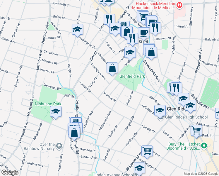 map of restaurants, bars, coffee shops, grocery stores, and more near 115 Maple Avenue in Montclair