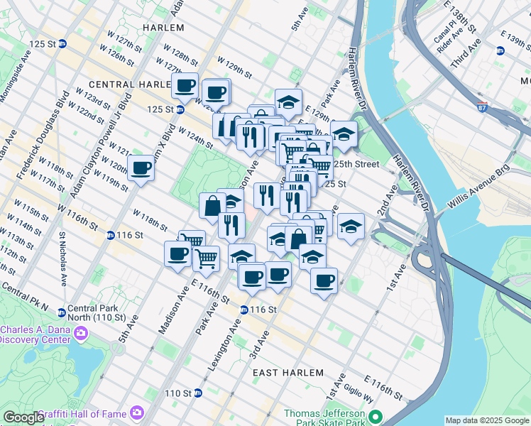 map of restaurants, bars, coffee shops, grocery stores, and more near 51 East 122nd Street in New York