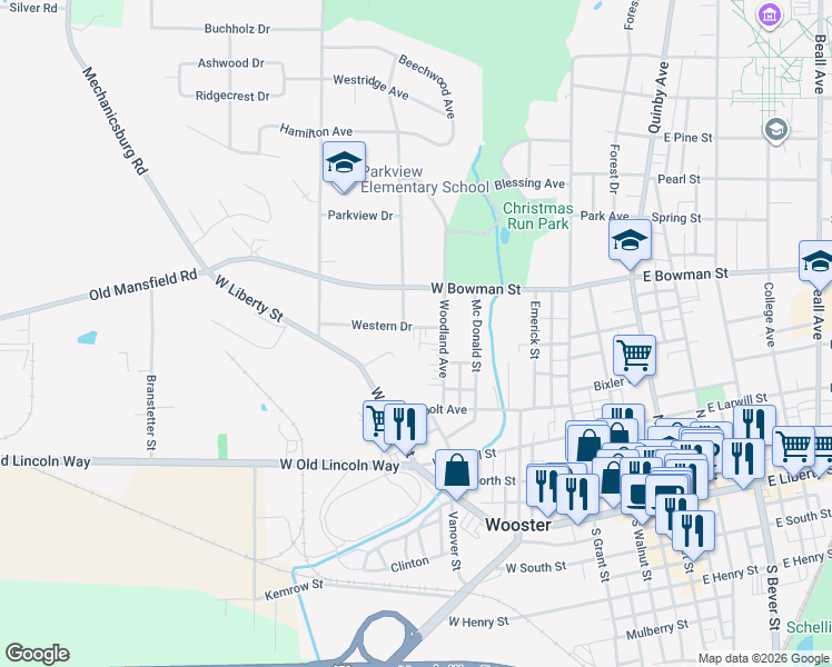 map of restaurants, bars, coffee shops, grocery stores, and more near 620 Western Drive in Wooster