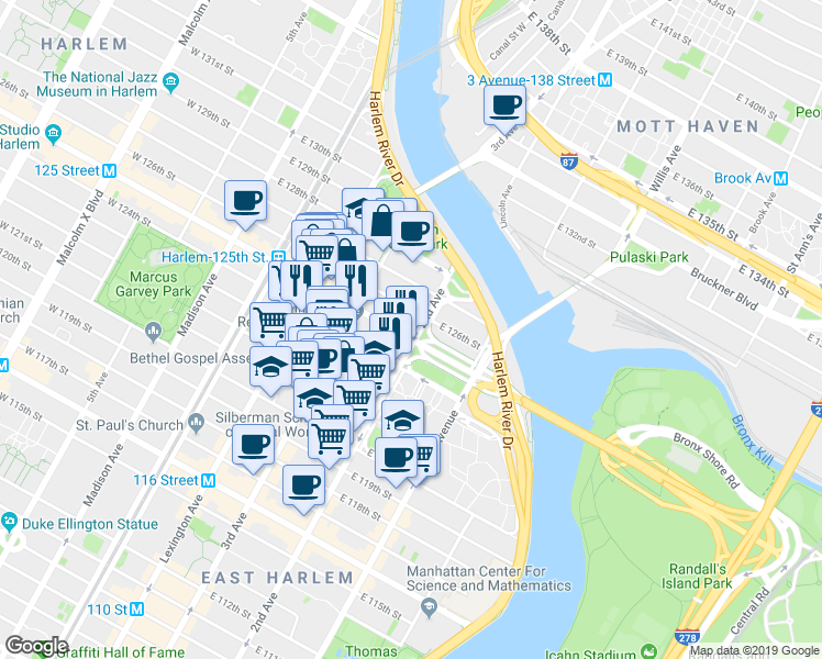 map of restaurants, bars, coffee shops, grocery stores, and more near 225 East 125th Street in New York