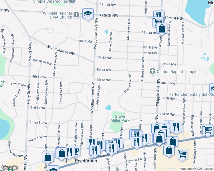 map of restaurants, bars, coffee shops, grocery stores, and more near 328 Lynn Circle Northwest in Canton