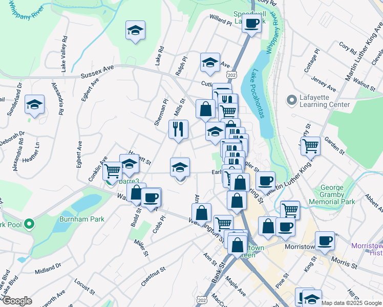 map of restaurants, bars, coffee shops, grocery stores, and more near 21 Bellevue Terrace in Morristown