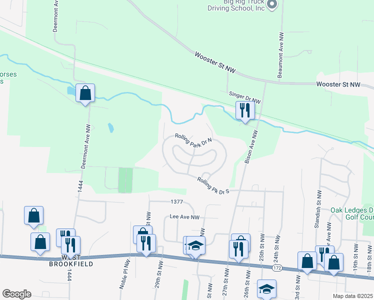 map of restaurants, bars, coffee shops, grocery stores, and more near 107 Rolling Acres Circle West in Massillon