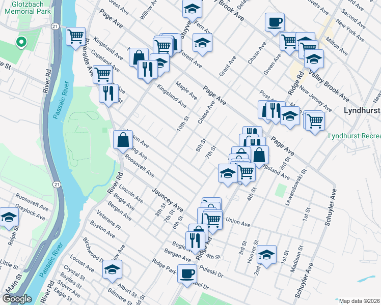 map of restaurants, bars, coffee shops, grocery stores, and more near 438 Summer Avenue in Lyndhurst
