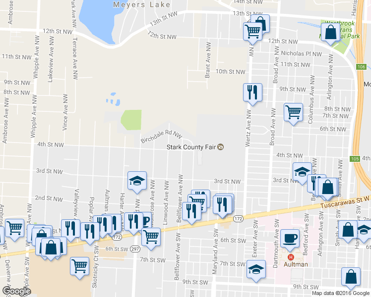 map of restaurants, bars, coffee shops, grocery stores, and more near 402 Bellflower Avenue Northwest in Canton