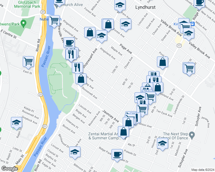 map of restaurants, bars, coffee shops, grocery stores, and more near 412 Thomas Avenue in Lyndhurst