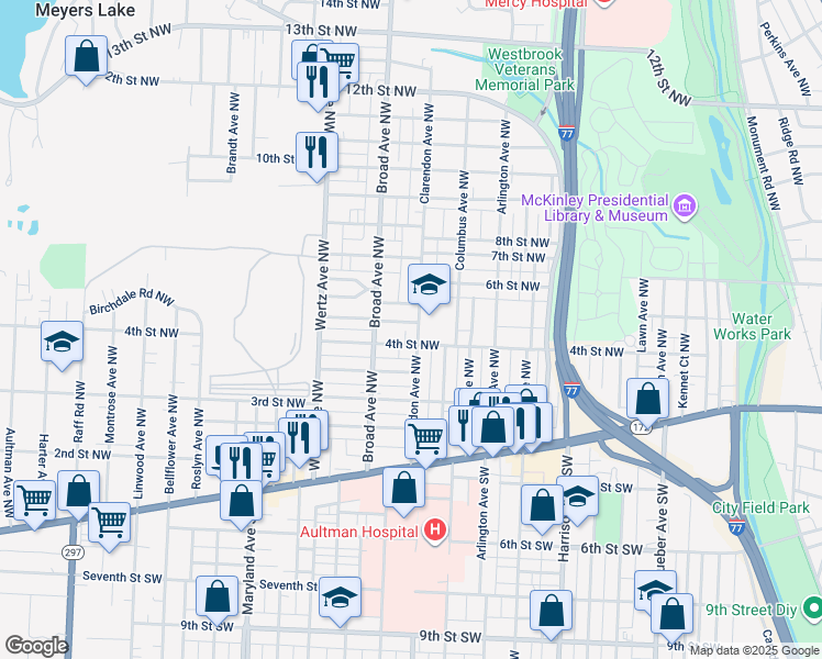 map of restaurants, bars, coffee shops, grocery stores, and more near 413 Clarendon Avenue Northwest in Canton