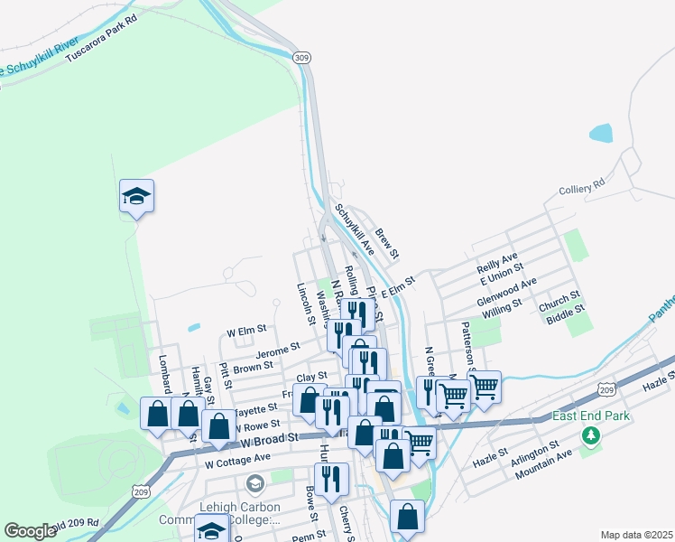 map of restaurants, bars, coffee shops, grocery stores, and more near 501 North Railroad Street in Tamaqua