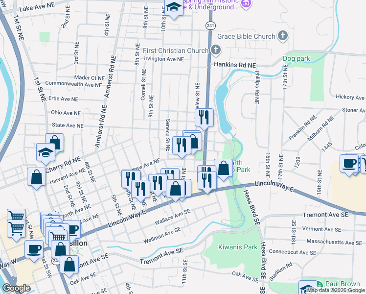 map of restaurants, bars, coffee shops, grocery stores, and more near 431 11th Street Northeast in Massillon