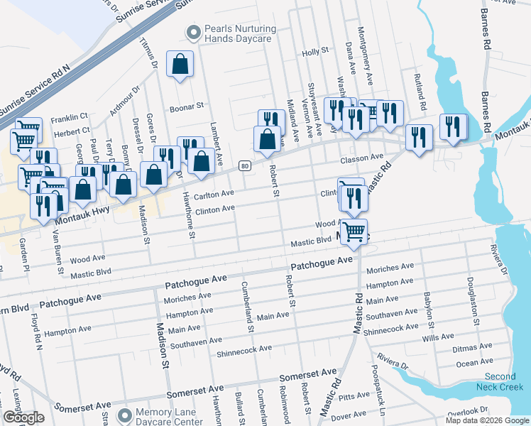 map of restaurants, bars, coffee shops, grocery stores, and more near 169 Bedford Avenue in Mastic