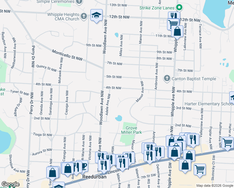 map of restaurants, bars, coffee shops, grocery stores, and more near 328 Lynn Circle Northwest in Canton