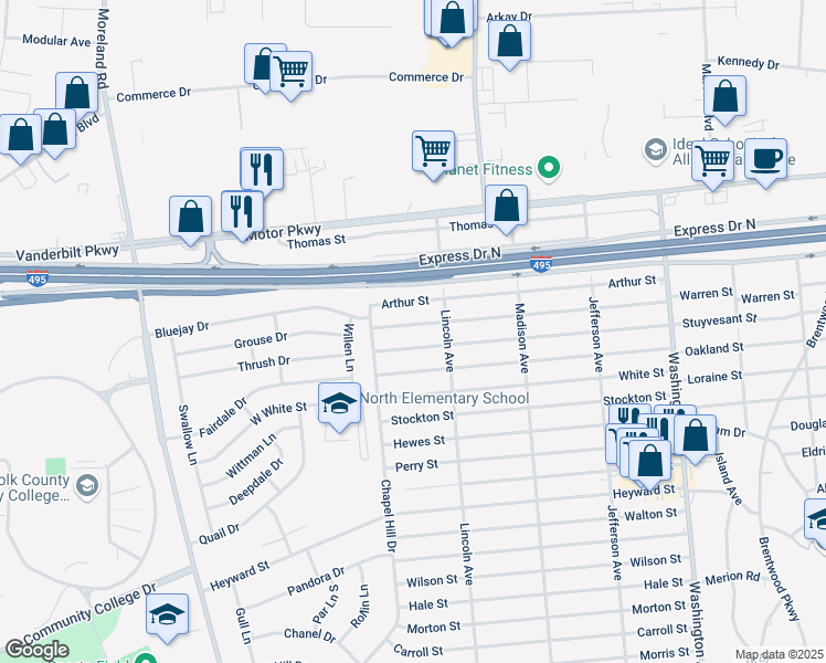 map of restaurants, bars, coffee shops, grocery stores, and more near 8 Van Buren Street in Brentwood