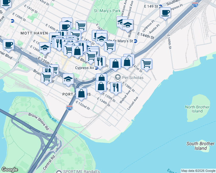 map of restaurants, bars, coffee shops, grocery stores, and more near 183 Willow Avenue in The Bronx