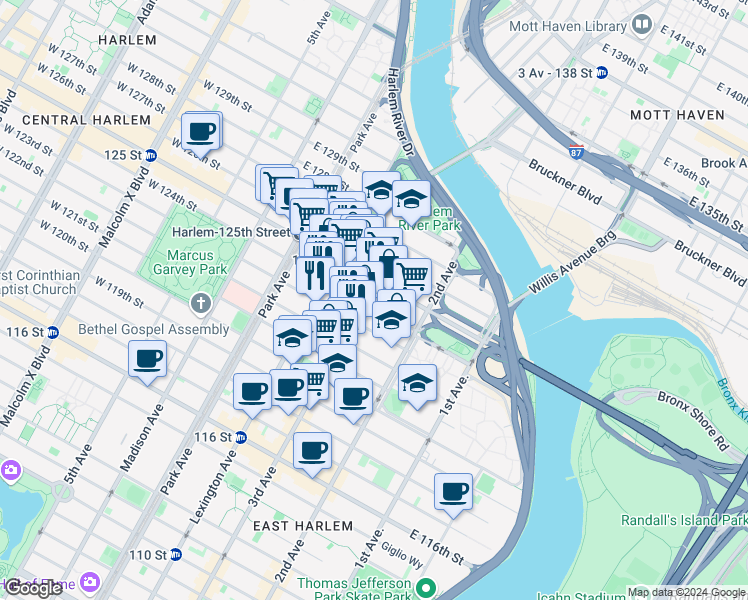 map of restaurants, bars, coffee shops, grocery stores, and more near in New York