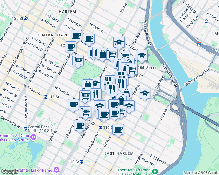 map of restaurants, bars, coffee shops, grocery stores, and more near 51 East 122nd Street in New York
