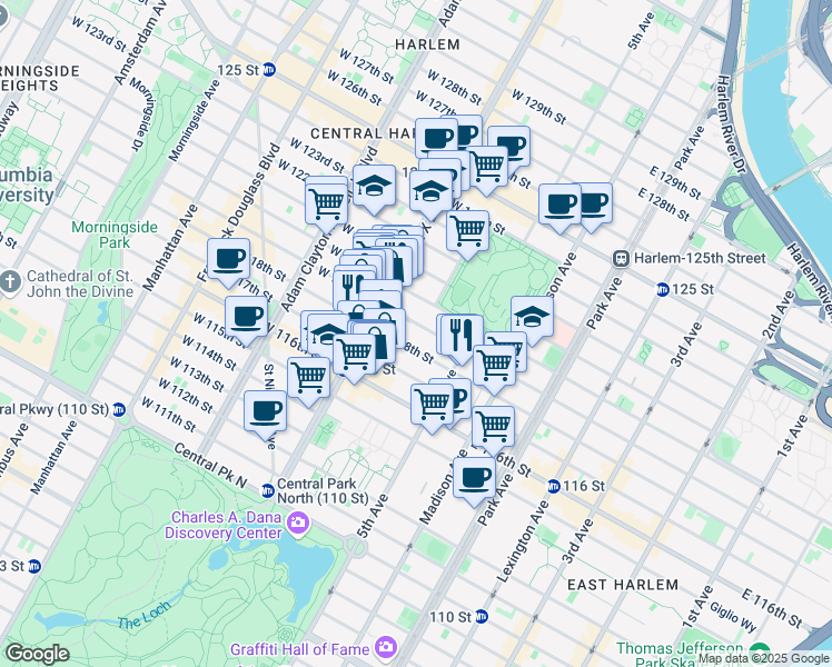 map of restaurants, bars, coffee shops, grocery stores, and more near 52 West 119th Street in New York
