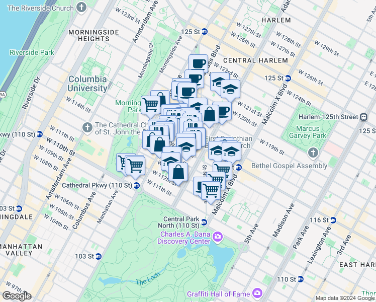 map of restaurants, bars, coffee shops, grocery stores, and more near 252 West 115th Street in New York