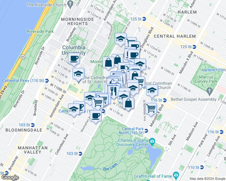map of restaurants, bars, coffee shops, grocery stores, and more near in New York