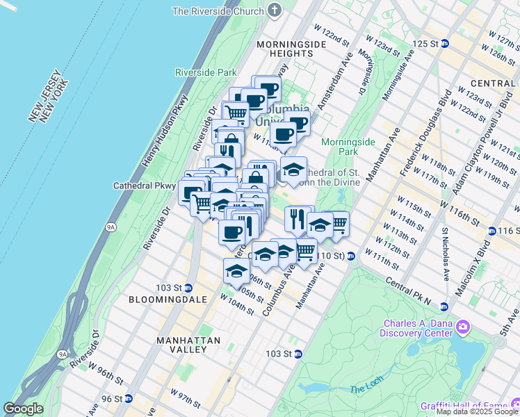 map of restaurants, bars, coffee shops, grocery stores, and more near 1021 Amsterdam Avenue in New York