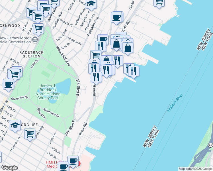 map of restaurants, bars, coffee shops, grocery stores, and more near 4 Main Street in Edgewater