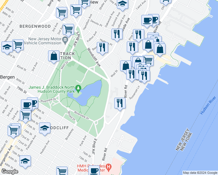 map of restaurants, bars, coffee shops, grocery stores, and more near 8800 John F. Kennedy Boulevard in North Bergen
