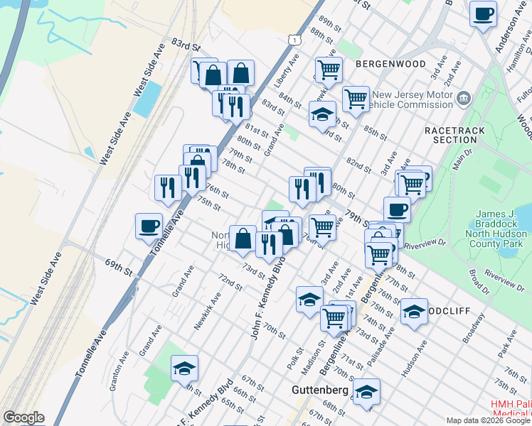 map of restaurants, bars, coffee shops, grocery stores, and more near 1231 76th Street in North Bergen