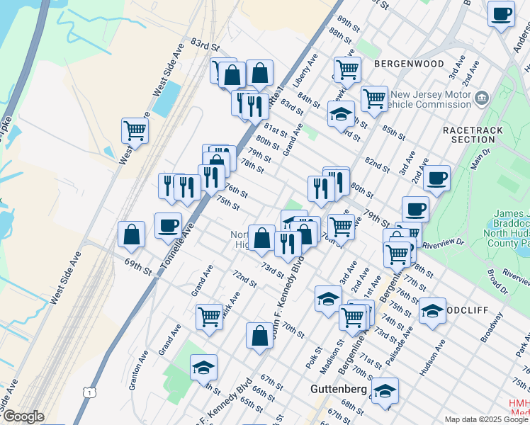 map of restaurants, bars, coffee shops, grocery stores, and more near 7502 Cottage Avenue in North Bergen