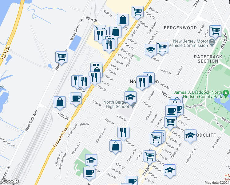 map of restaurants, bars, coffee shops, grocery stores, and more near 7502 Cottage Avenue in North Bergen