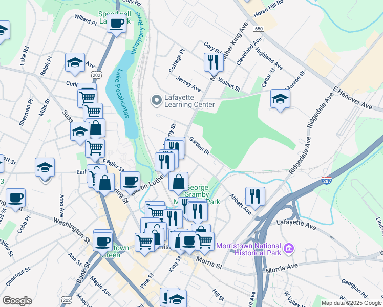 map of restaurants, bars, coffee shops, grocery stores, and more near 29 Garden Street in Morristown