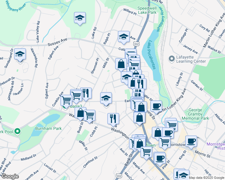 map of restaurants, bars, coffee shops, grocery stores, and more near 21 Bellevue Terrace in Morristown