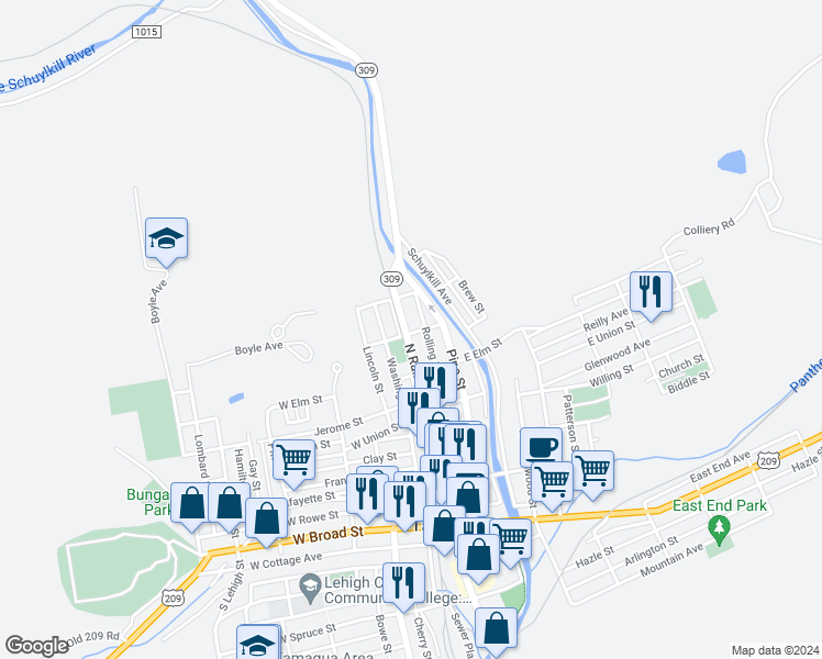 map of restaurants, bars, coffee shops, grocery stores, and more near 24 Vine Street in Tamaqua