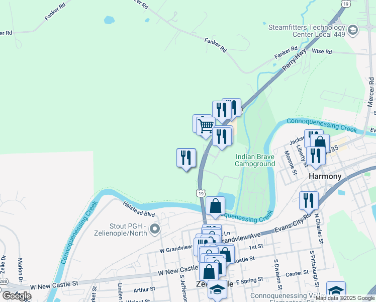 map of restaurants, bars, coffee shops, grocery stores, and more near 114 U.S. 19 in Harmony